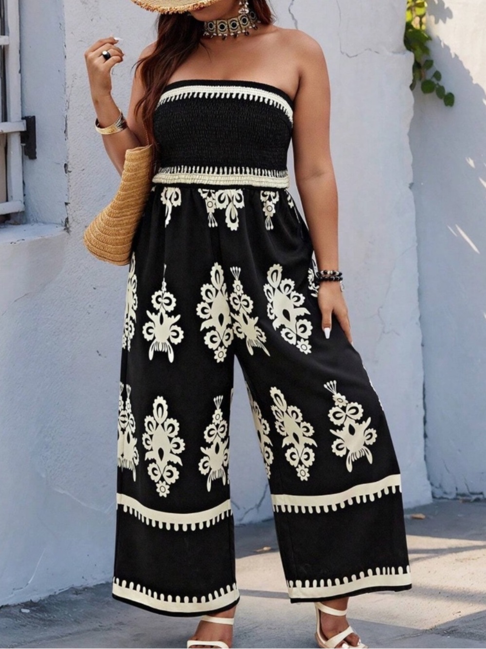 Black & Cream Strapless Boho Wide-Leg Jumpsuit